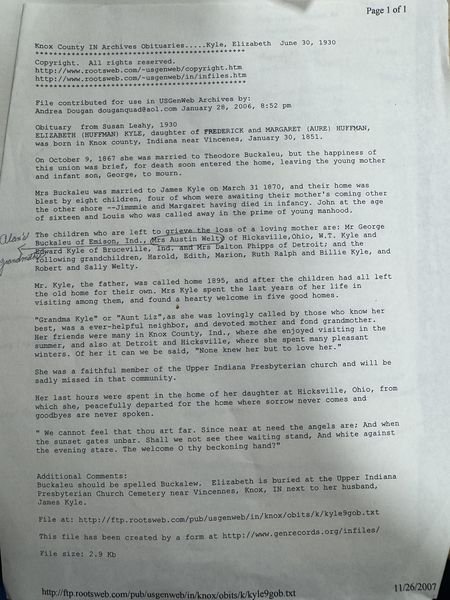 1930 Knox County Indiana obituary of Elizabeth Huffman Kyle
