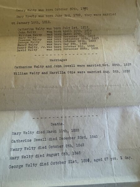 Typed Henry Welty and Mary Byerly family register