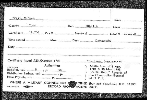 Michael Welty militia pay certificate abstract card