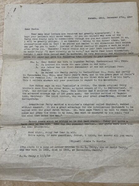 Typed 1897 family letter, Josie Morris to O. L. Welty