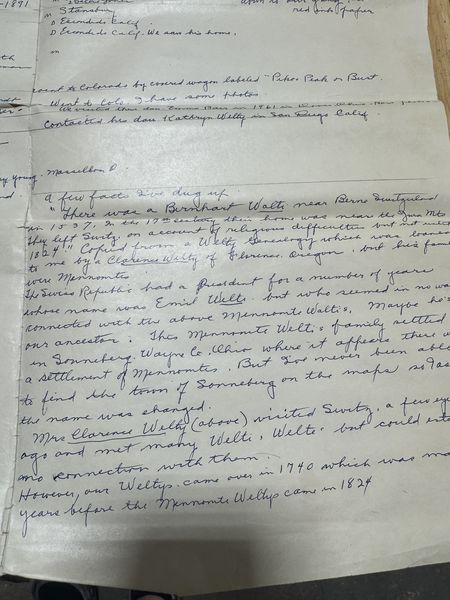 Handwritten notes on the family's Swiss origin tradition