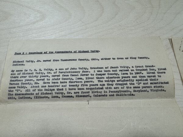 Typed genealogy letter, page 2, by W.H.H. Welty