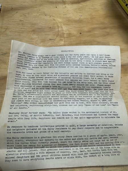 Typed 1888 golden-wedding biographical sketch of Dr. William Welty